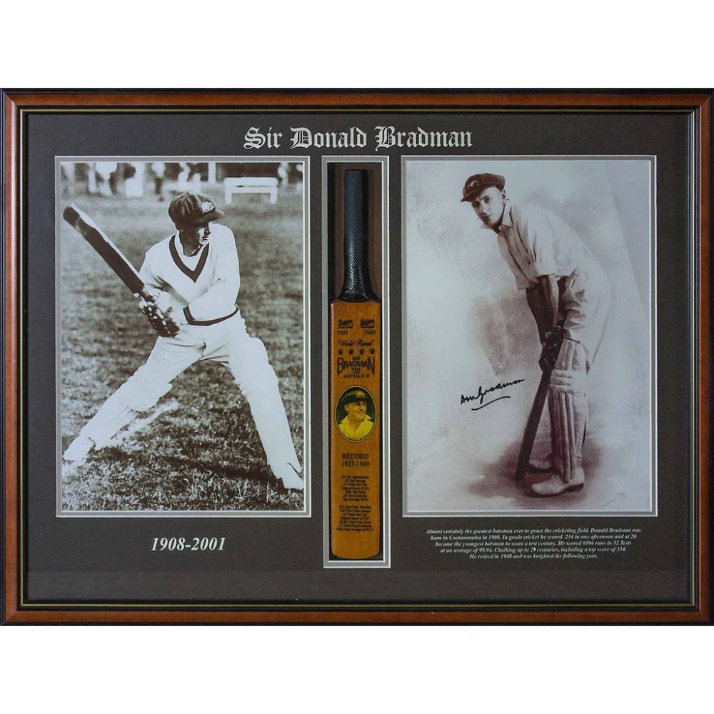 BRADMAN MINI BAT & SIGNED PHOTO FRAMED