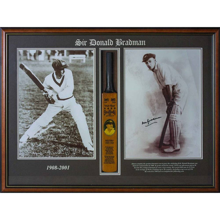BRADMAN MINI BAT & SIGNED PHOTO FRAMED