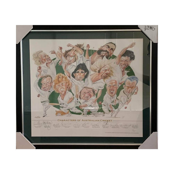 CHARACTERS OF AUS CRICKET POSTER SIGNED BY 11 PLAYERS FRAMED