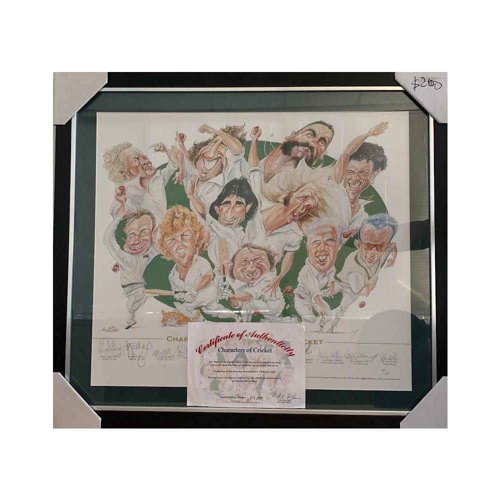 CHARACTERS OF AUS CRICKET POSTER SIGNED BY 11 PLAYERS FRAMED