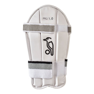 A white Kookaburra cricket forearm guard with towelling straps and the brand logo printed on the front.