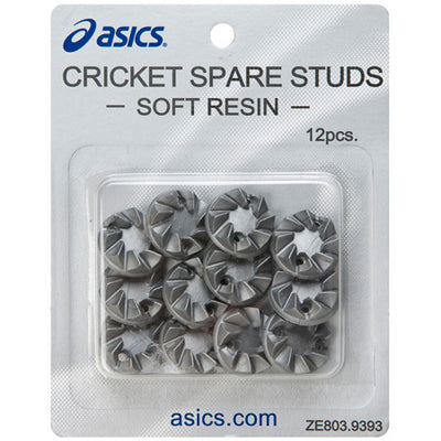 Pack of 12 ASICS cricket spare studs in soft resin, displayed in a clear plastic case with the brand logo and product information.