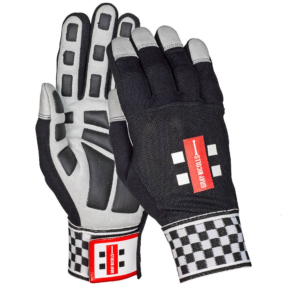 Pair of black and gray Gray-Nicolls keeping gloves with checkered cuffs on a white background