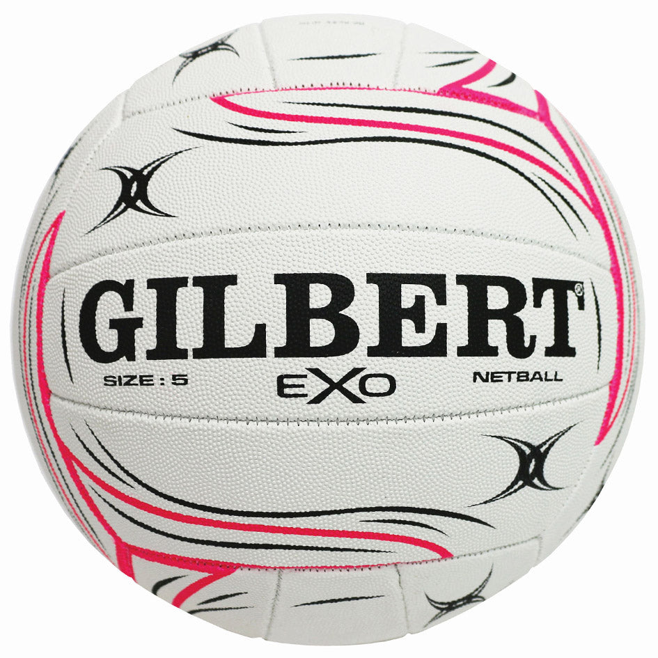 Gilbert EXO netball with white, black, and pink design on a white background