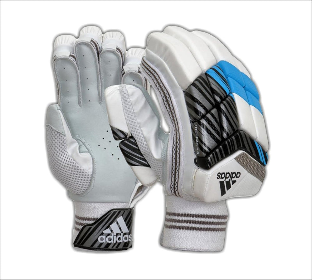 Pair of white and gray adidas gloves with black and blue accents on a white background
