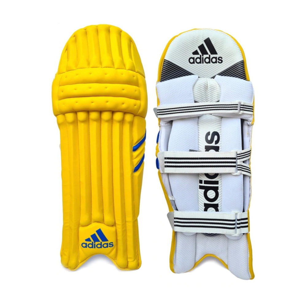 Yellow cricket bat pad and white cricket leg guard with Adidas branding on a white background