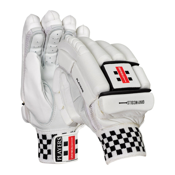 White Gray-Nicolls cricket batting gloves with checkered pattern on a white background