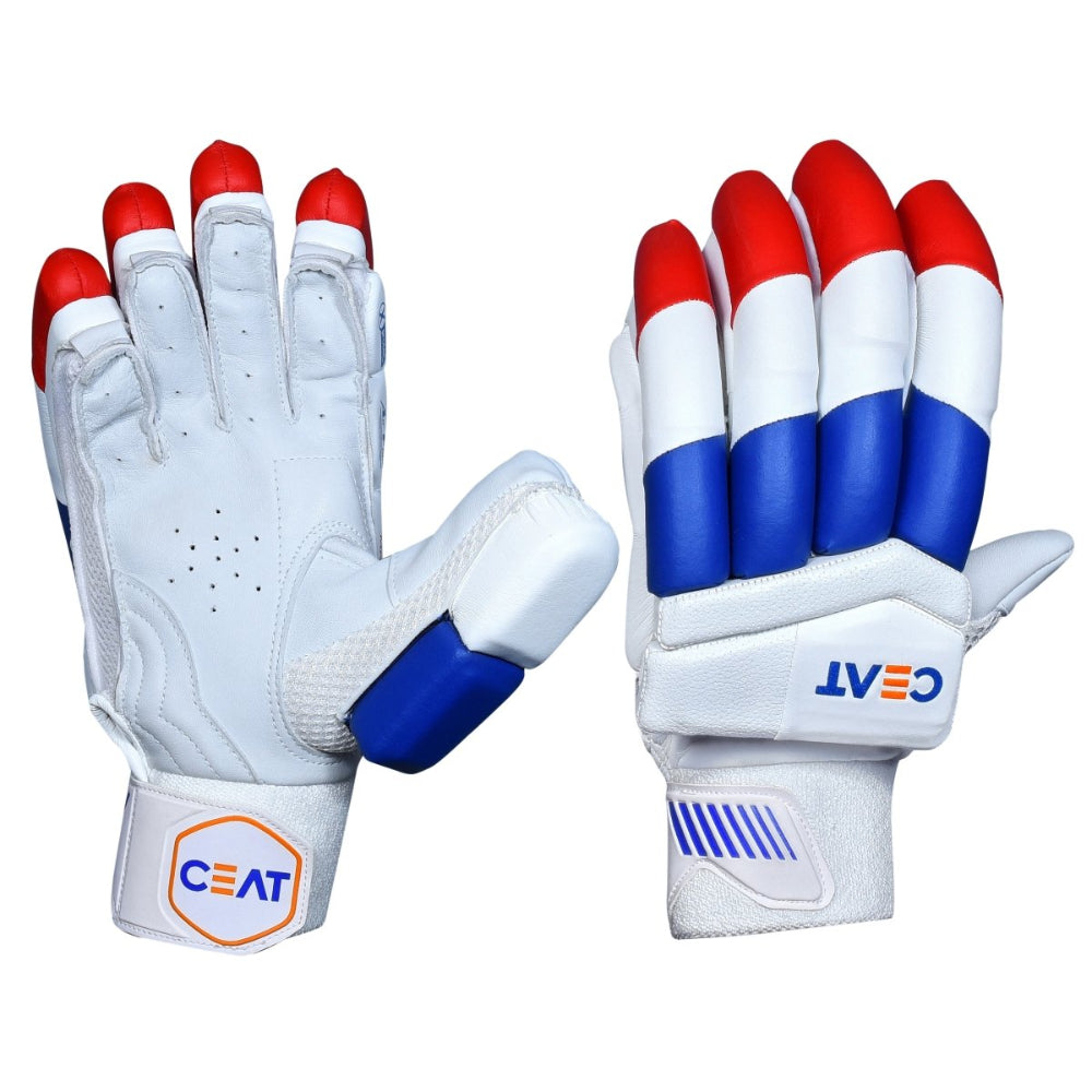 Pair of white cricket gloves with red, white, and blue accents on a white background with CEAT branding.
