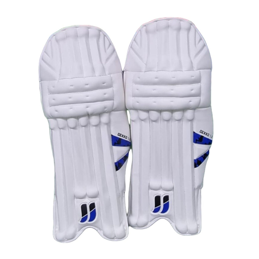 Pair of white cricket pads with blue and black JJ Gekko branding on a white background