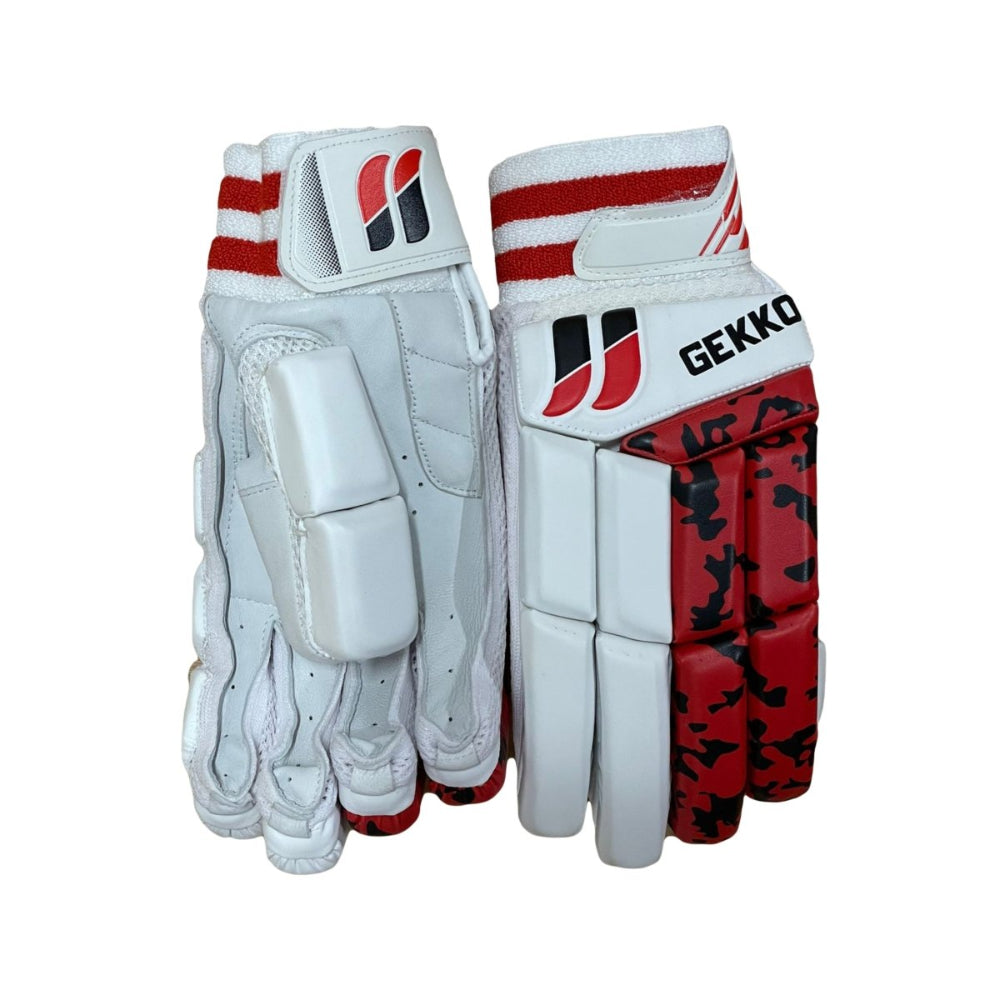 Gekko cricket batting gloves in white and red on a white background.