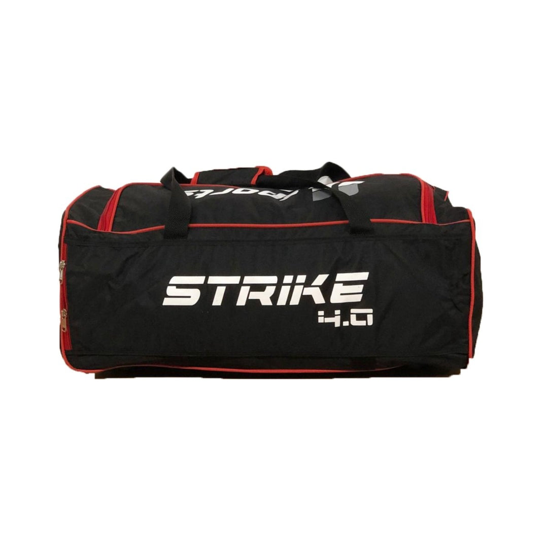 Black sports bag with red accents and 'STRIKE 4.0' branding on a white background