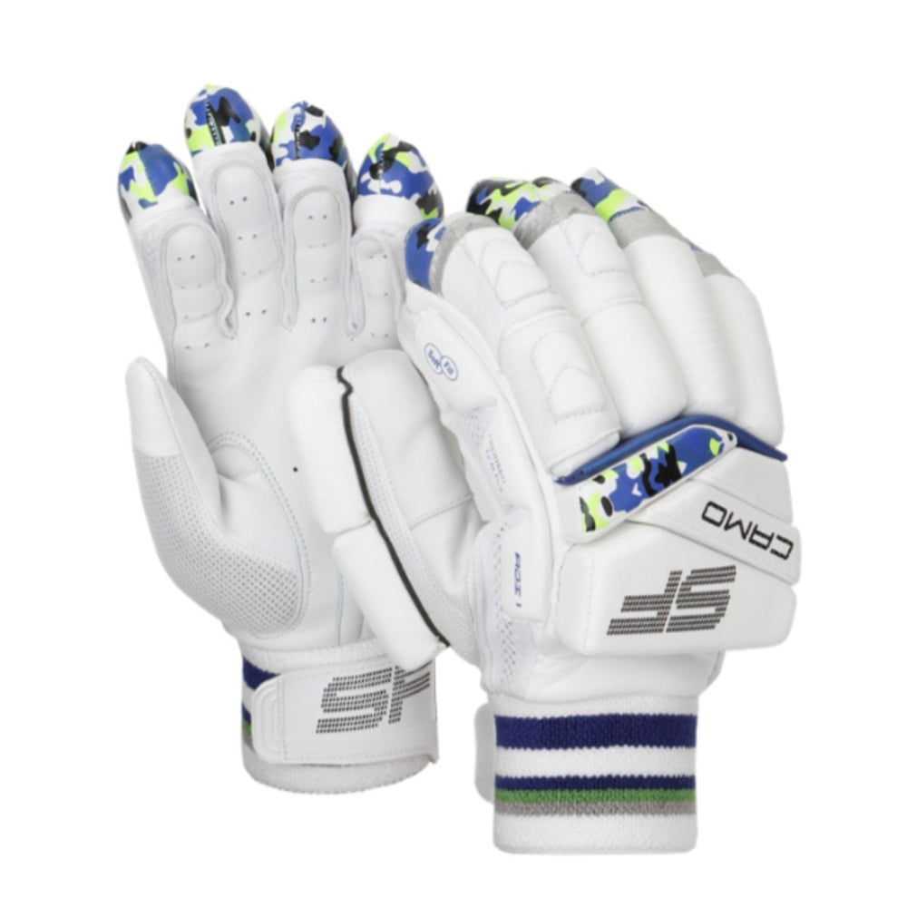 SF CAMO ADI 1 batting gloves, mostly white with some camo blue on a white background.