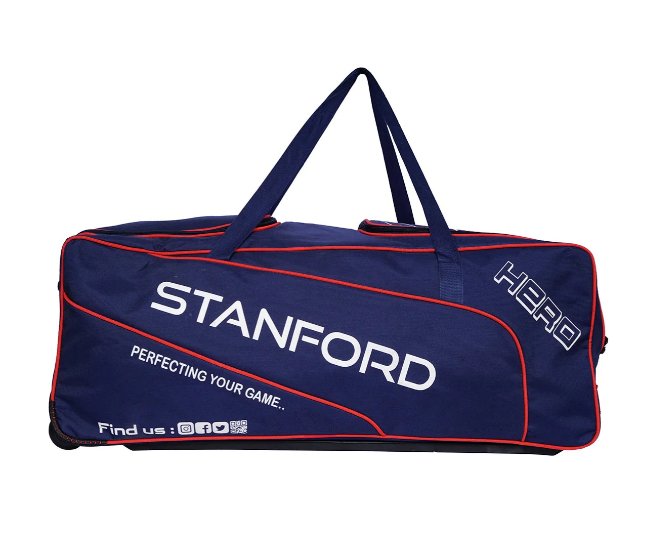 Navy sports bag with red accents and 'Stanford' branding on a white background