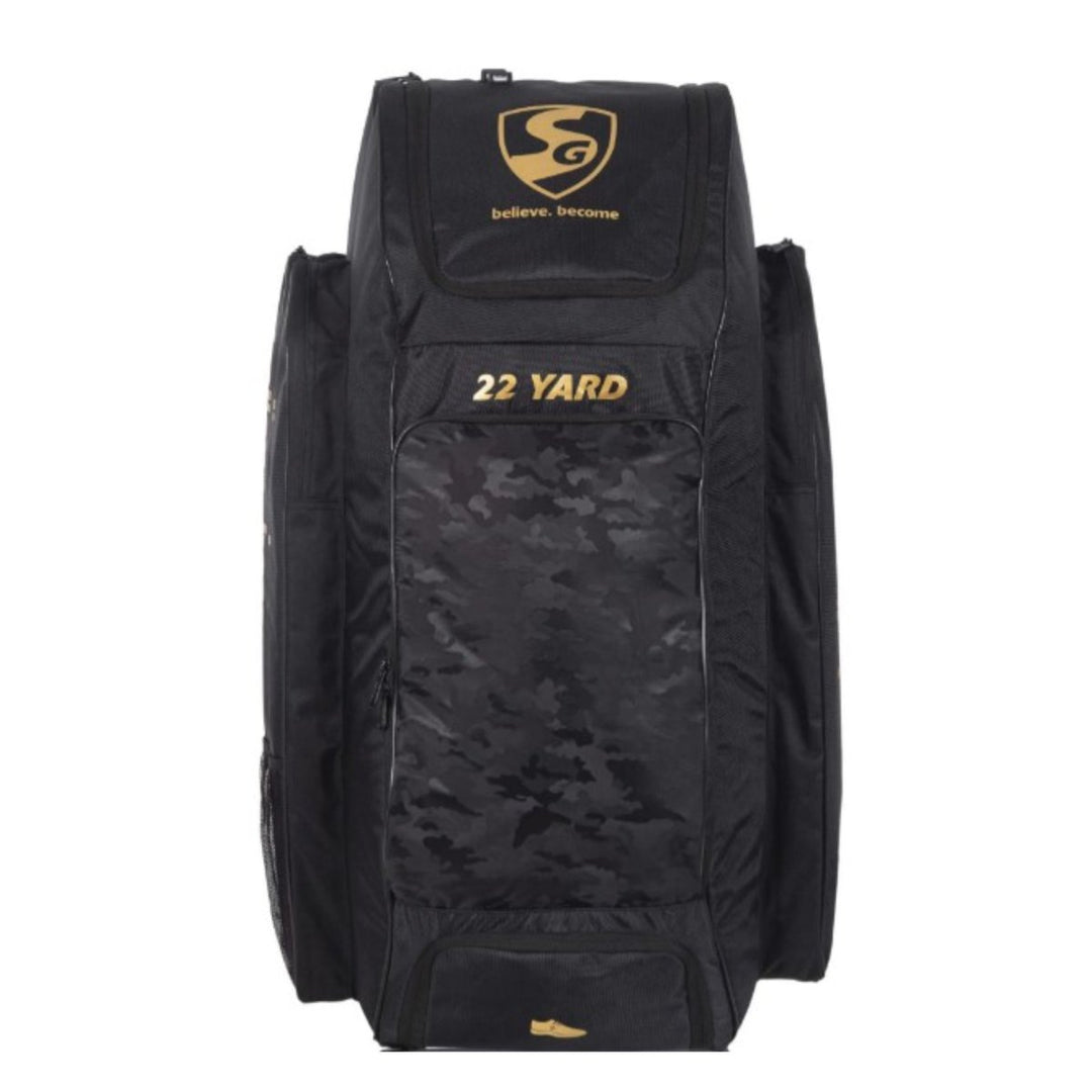 Black and gold cricket duffle bag with 'SG 22 Yard' branding on a white background
