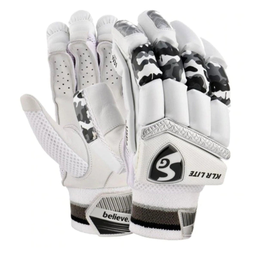 White and black cricket gloves with visible SG KLR LITE branding on a white background