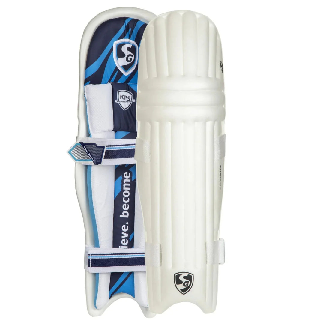 White SG cricket pad with blue and black accents on a white background