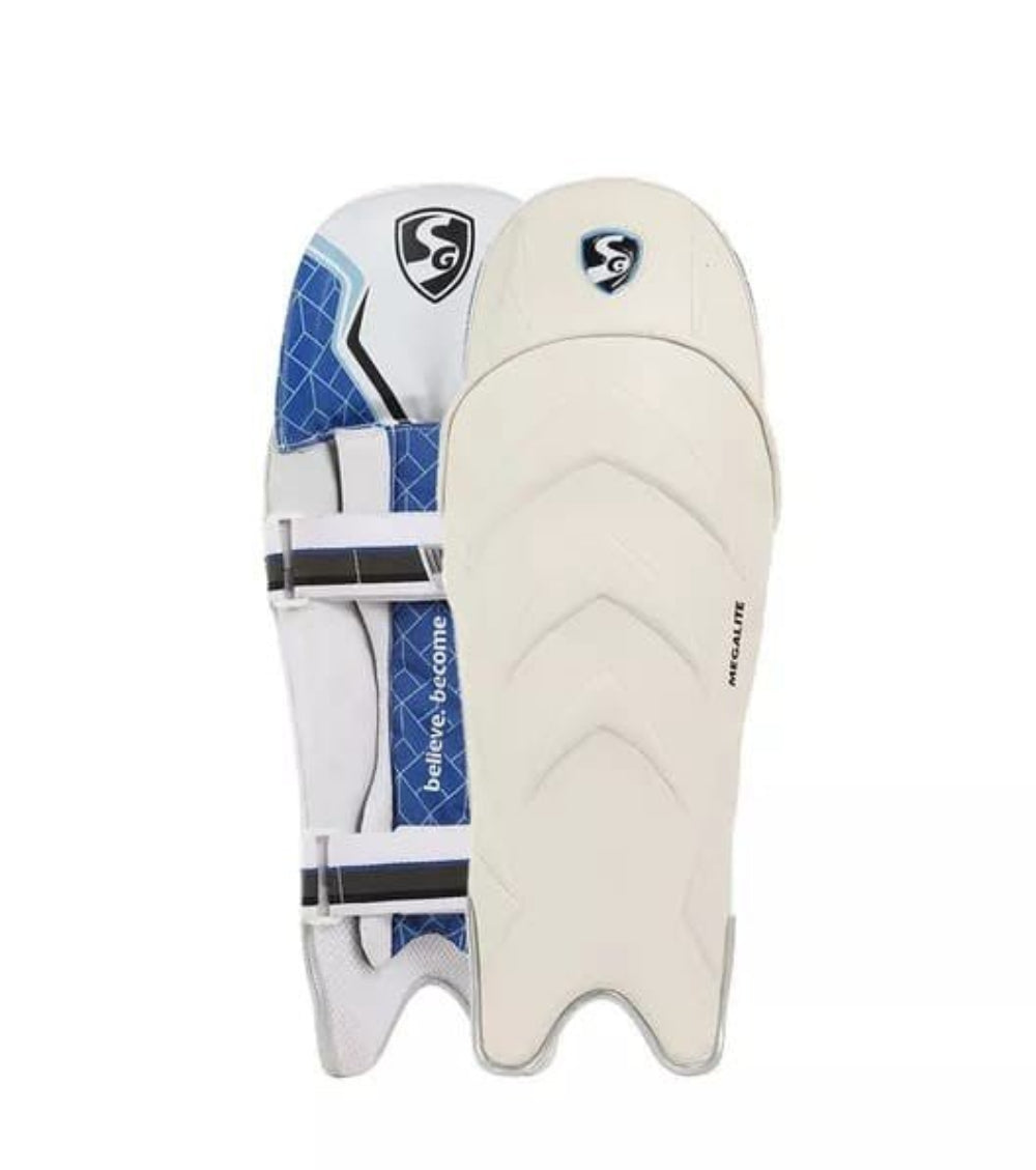 White SG cricket pad with blue accents on a white background