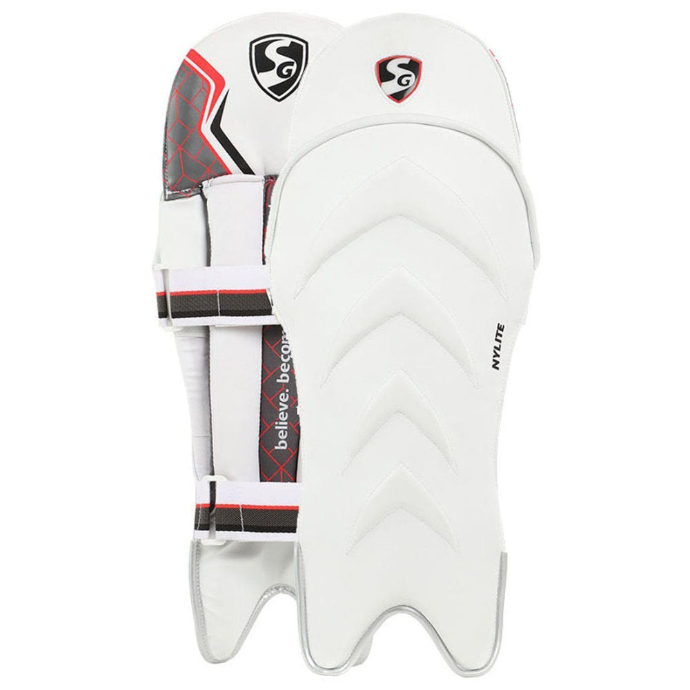 White SG cricket pads with red and black accents on a white background