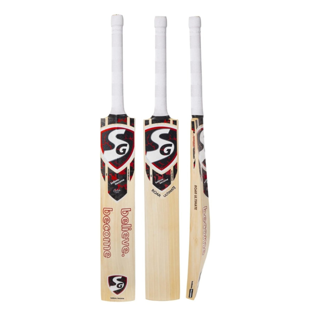 Three SG cricket bats with visible branding on a white background