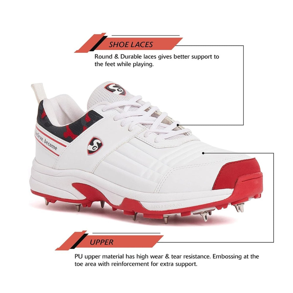 White and red SG cricket sports shoe with text on shoe laces and upper material