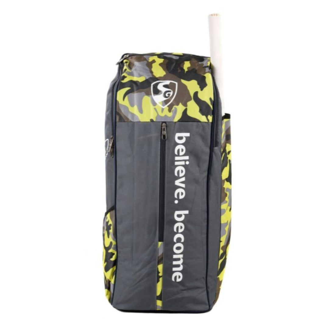 Gray and yellow camouflage sports bag with a visible brand logo on a white background